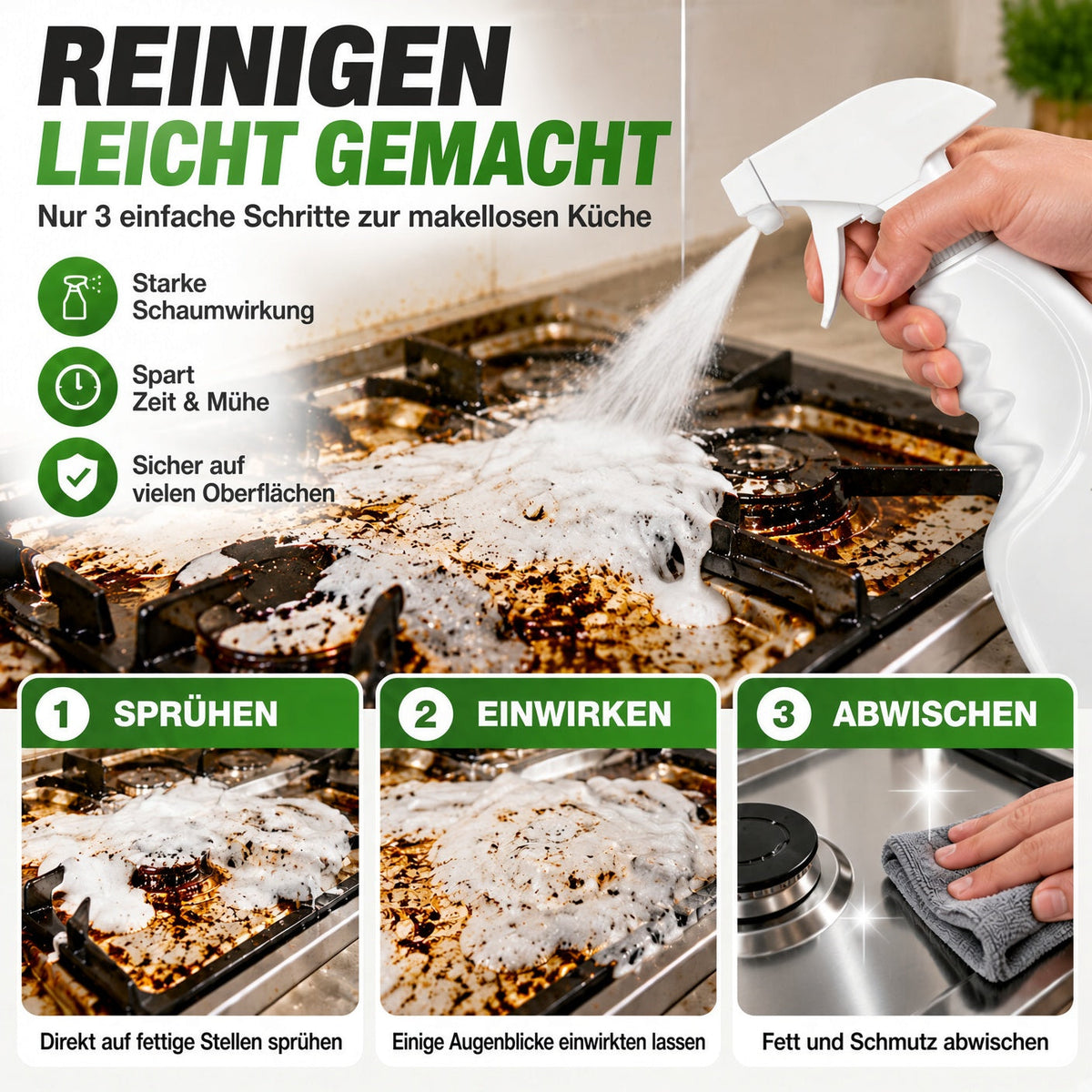 🔥50% Rabatt🧽 Starker Küchen-Fettlöser Spray – Leistungsstarker Fettentferner für Herd, Backofen, Schränke & viele weitere Oberflächen